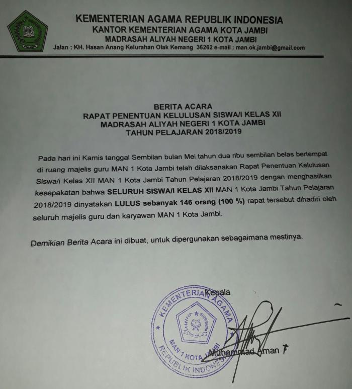 Pengumuman Kelulusan Siswa Siswi Man 1 Kota Jambi Pengumuman Kelulusan Siswa Siswi Man 1 Kota Jambi
