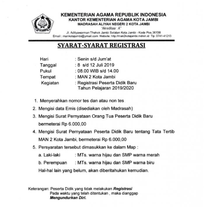 Yang Perlu Disiapkan untuk Registrasi Ulang Peserta Didik Baru MAN 2 Kota Jambi Yang Perlu Disiapkan untuk Registrasi Ulang Peserta Didik Baru MAN 2 Kota Jambi