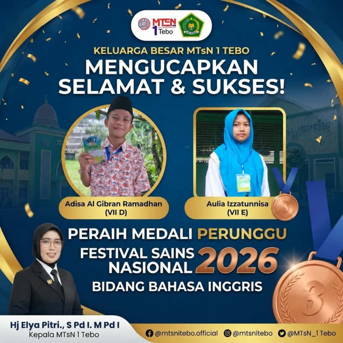 Dua Siswa MTsN 1 Tebo Raih Perunggu di Festival Sains Nasional