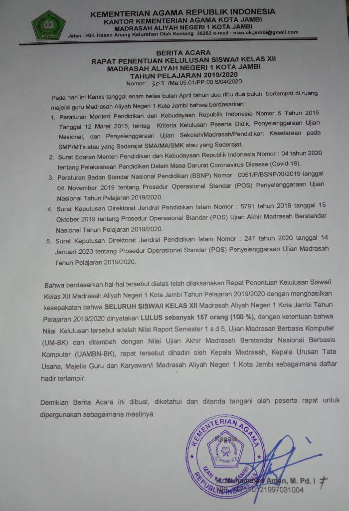 PENGUMUMAN KELULUSAN SISWA SISWI MAN 1 KOTA JAMBI TAHUN PELAJARAN 2019/2020 PENGUMUMAN KELULUSAN SISWA SISWI MAN 1 KOTA JAMBI TAHUN PELAJARAN 2019/2020