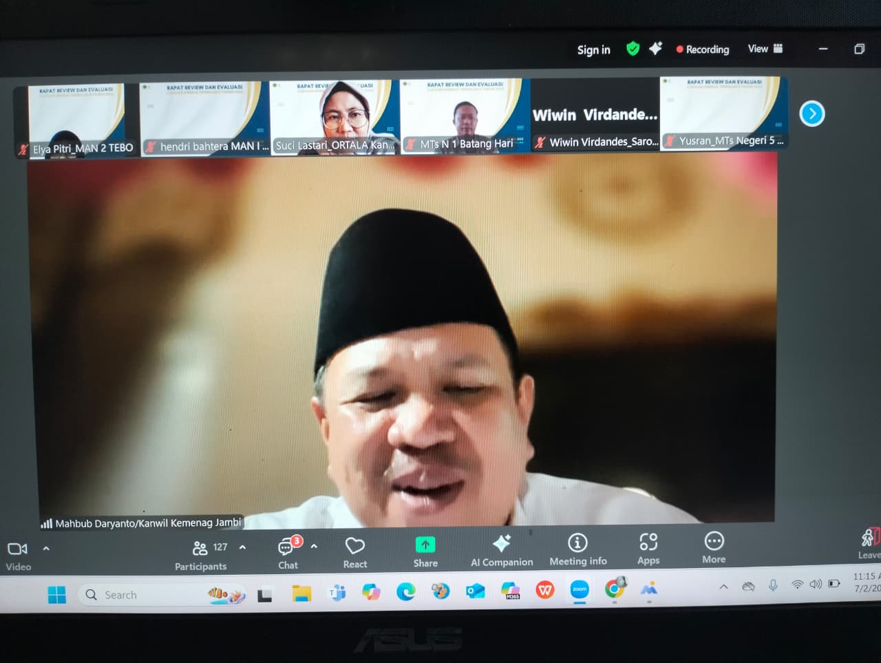 Kepala MAN 2 Tebo mengikuti Rapat Evaluasi Capaian Kinerja Triwulan II