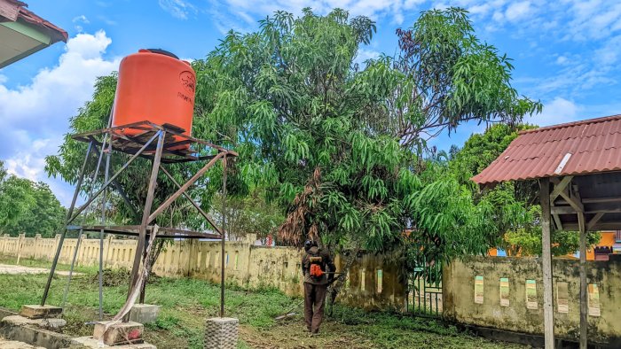 Pemangkasan Rumput Lanjut ke Area Belakang Kelas MIN 4 Tebo