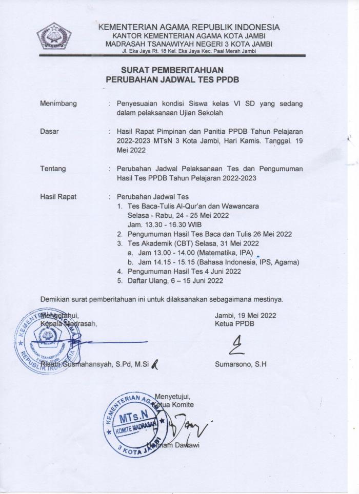 PEMBERITAHUAN PERUBAHAN JADWAL TES PPDB PEMBERITAHUAN PERUBAHAN JADWAL TES PPDB