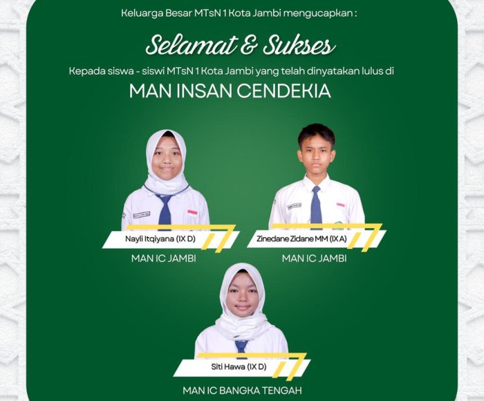Tiga Siswa MTsNegeri 1 Kota Jambi Lulus Seleksi MAN Insan Cendekia