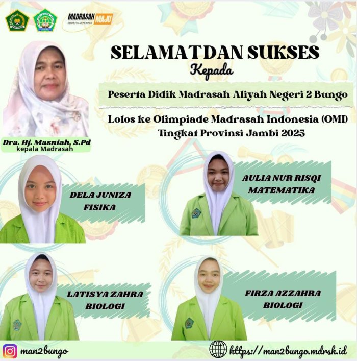 Selamat dan Sukses Kepada 4 Orang Siswa MAN 2 Bungo Lolos Tingkat Provinsi Ajang OMI Tahun 2025 Selamat dan Sukses Kepada 4 Orang Siswa MAN 2 Bungo Lolos Tingkat Provinsi Ajang OMI Tahun 2025