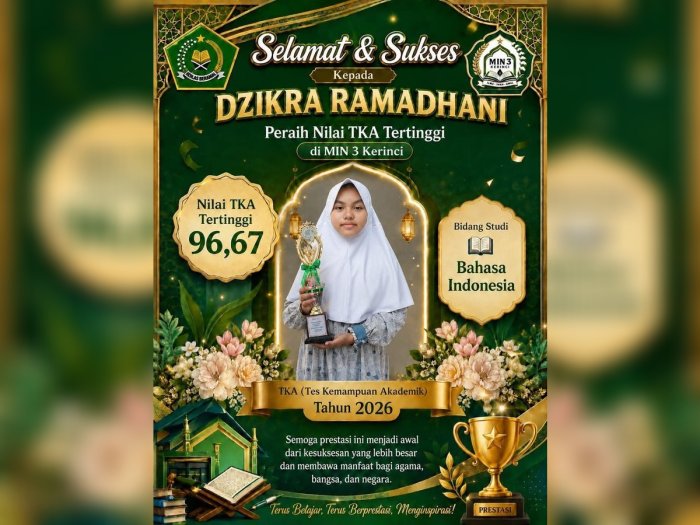Membanggakan! Dzikra Ramadhani Raih Nilai TKA Tertinggi Bidang Studi Bahasa Indonesia di MIN 3 Kerinci Tahun 2026 Membanggakan! Dzikra Ramadhani Raih Nilai TKA Tertinggi Bidang Studi Bahasa Indonesia di MIN 3 Kerinci Tahun 2026