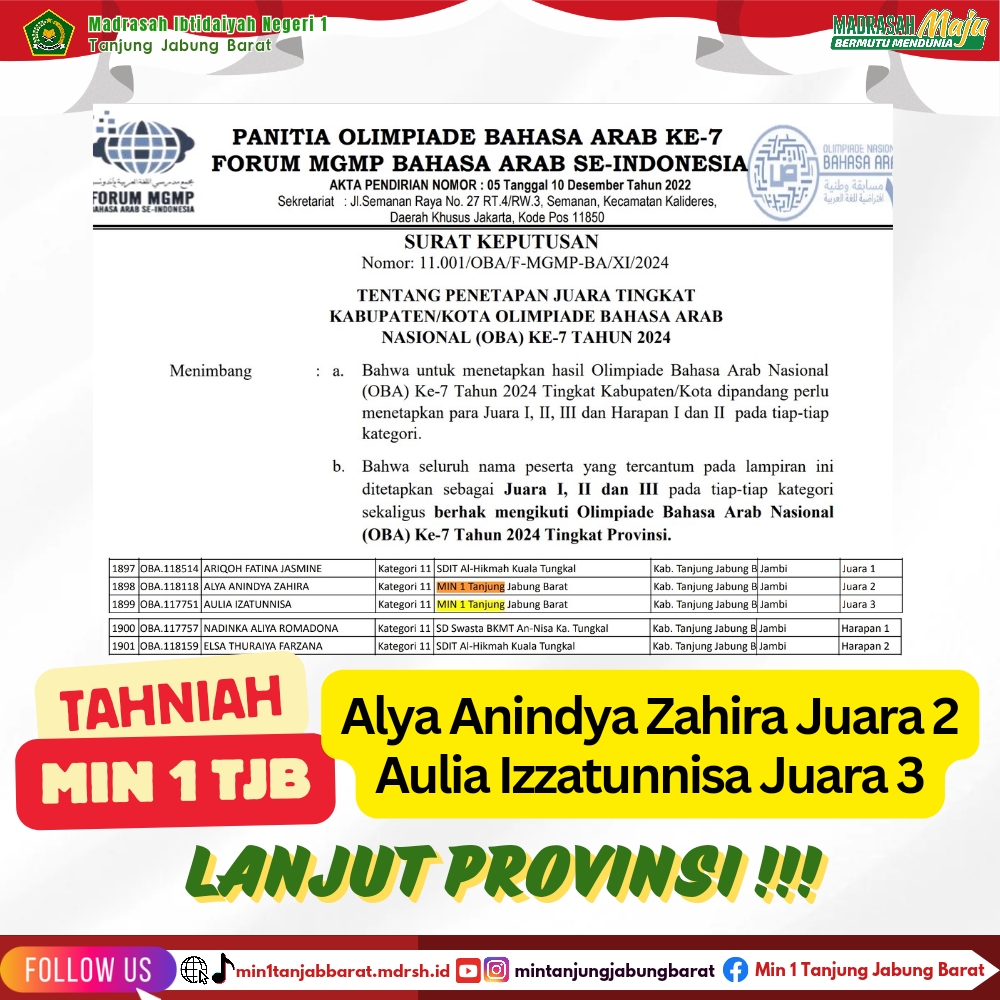 Dua Siswa MIN 1 Tanjung Jabung Barat Juarai Olimpiade Bahasa