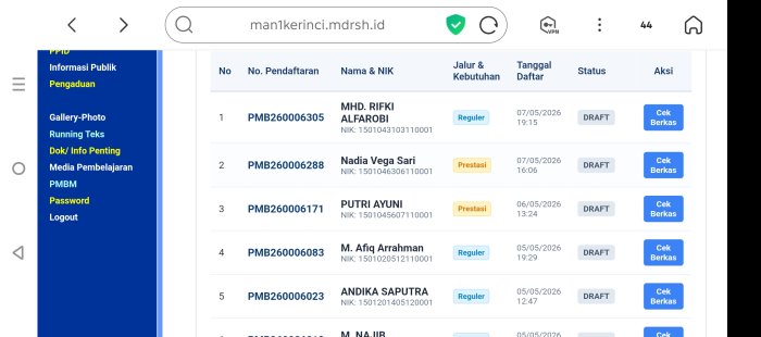 Antusias Tinggi, Pendaftar SPMB MAN 1 Kerinci Tahun Pelajaran 2026/2027 Terus Bertambah Antusias Tinggi, Pendaftar SPMB MAN 1 Kerinci Tahun Pelajaran 2026/2027 Terus Bertambah