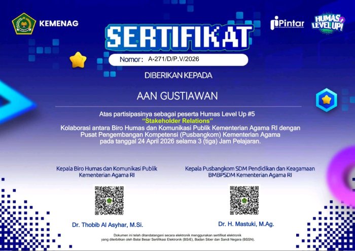 Dua Staf MTsN 2 Bungo Berhasil Selesaikan Pelatihan Humas Level Up 5 Stakeholder Relations dan Terima Sertifikat
