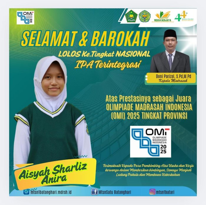 Siswa MTsN 1 Batang Hari Lolos ke Tingkat Nasional OMI 2025: Bawa Nama Daerah Serta MTs di Bidang IPA Terintegrasi Siswa MTsN 1 Batang Hari Lolos ke Tingkat Nasional OMI 2025: Bawa Nama Daerah Serta MTs di Bidang IPA Terintegrasi