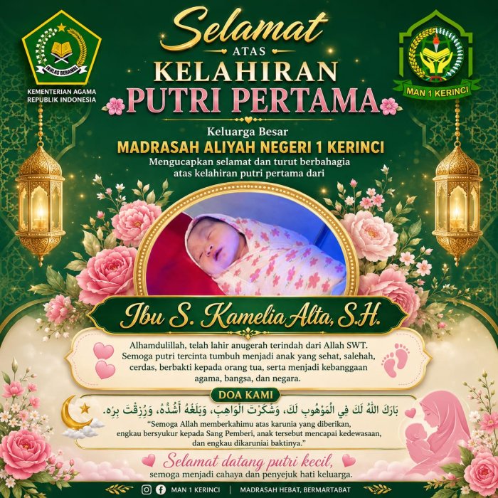 Keluarga Besar MAN 1 Kerinci Sampaikan Ucapan Selamat atas Kelahiran Putri Pertama Ibu S. Kamelia Alta, S.H.