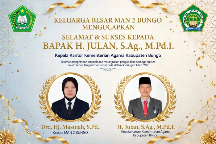 Keluarga Besar MAN 2 Bungo Ucapkan Selamat dan Sukses kepada Bapak H. Julan, S.Ag., M.Pd.I. sebagai Kepala Kantor Kementerian Agama Kabupaten Bungo Keluarga Besar MAN 2 Bungo Ucapkan Selamat dan Sukses kepada Bapak H. Julan, S.Ag., M.Pd.I. sebagai Kepala Kantor Kementerian Agama Kabupaten Bungo