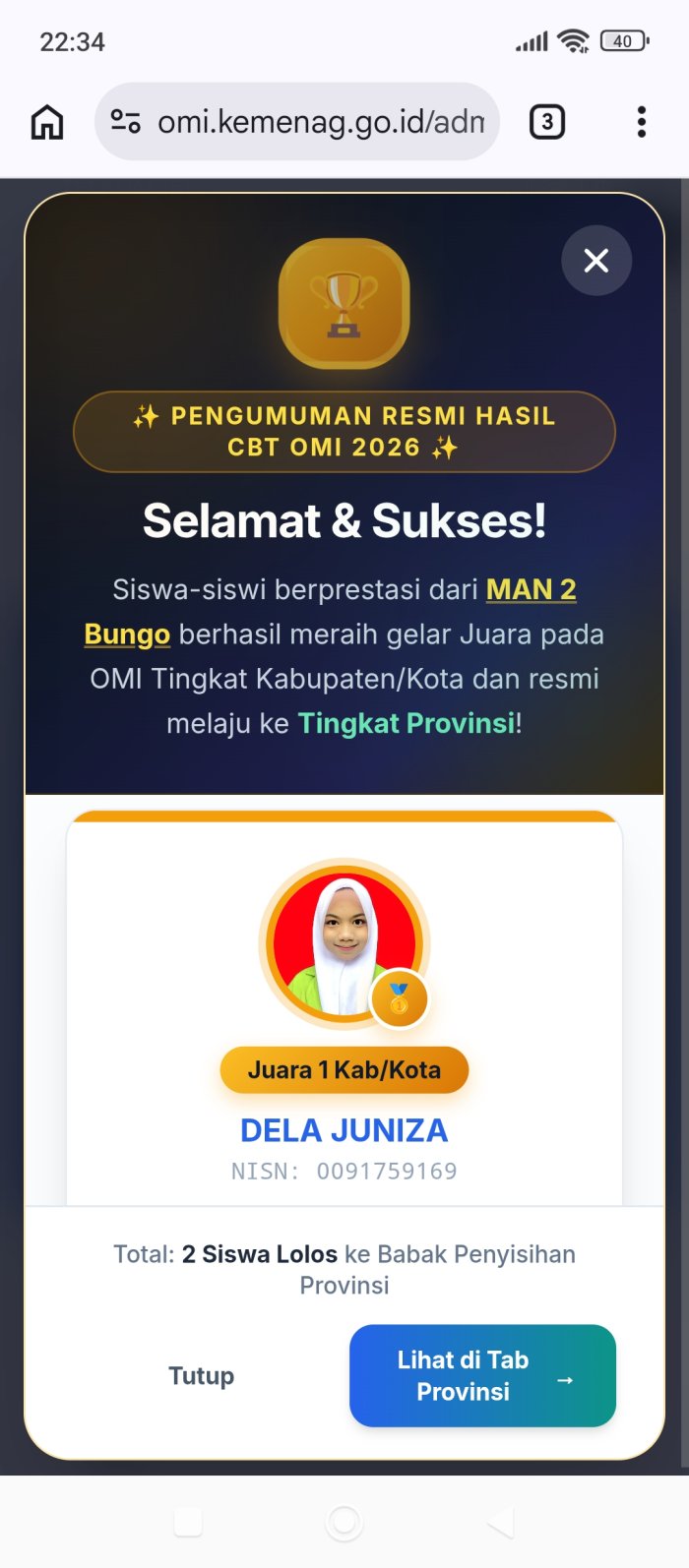 Della Juniza Sabet Juara 1 OMI 2026 Bidang Fisika Tingkat Kabupaten Bungo, Wakili Madrasah ke Tingkat Provinsi Jambi Della Juniza Sabet Juara 1 OMI 2026 Bidang Fisika Tingkat Kabupaten Bungo, Wakili Madrasah ke Tingkat Provinsi Jambi