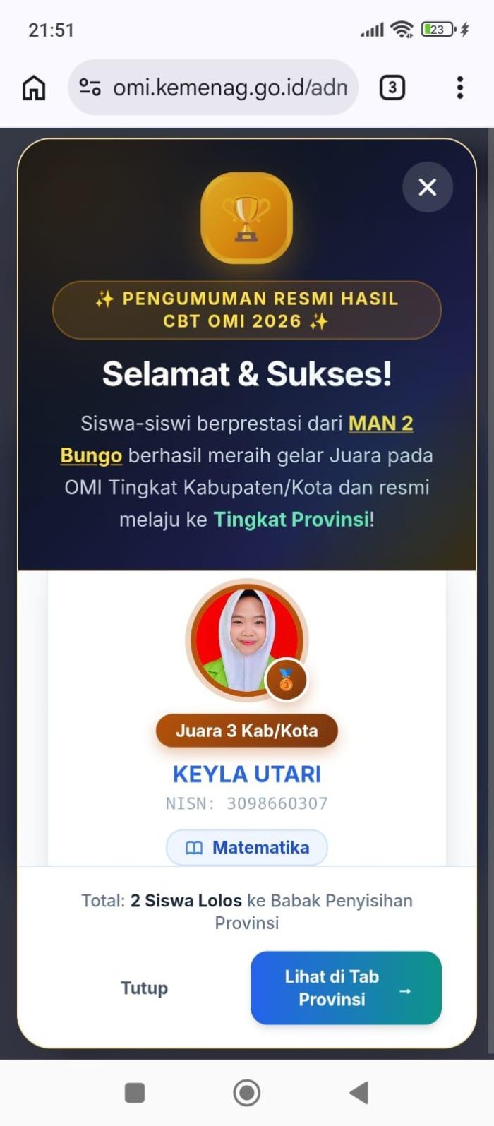 Keyla Utari Siswa MAN 2 Bungo Raih Juara III OMI 2026 Bidang Matematika Tingkat Kabupaten, Siap Melaju ke Tingkat Provinsi Keyla Utari Siswa MAN 2 Bungo Raih Juara III OMI 2026 Bidang Matematika Tingkat Kabupaten, Siap Melaju ke Tingkat Provinsi