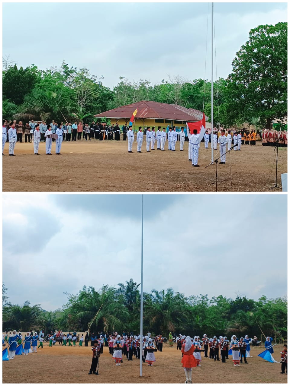 Paskibra dan Marching Band MIN 4 Tebo Tampil pada Upacara Kemerdekaan di Desa Jaya Mulya
