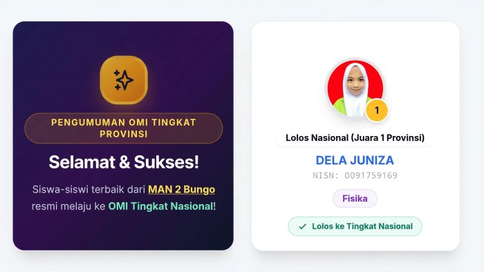 Alhamdulillah! Dela Juniza Raih Juara 1 Fisika, Wakili Jambi di Olimpiade Madrasah Indonesia (OMI) Tingkat Nasional 2026 Alhamdulillah! Dela Juniza Raih Juara 1 Fisika, Wakili Jambi di Olimpiade Madrasah Indonesia (OMI) Tingkat Nasional 2026