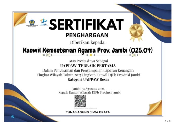 Pertama Dalam Penyusunan dan Penyampaian Laporan Keuangan Tingkat Wilayah Tahun 2025