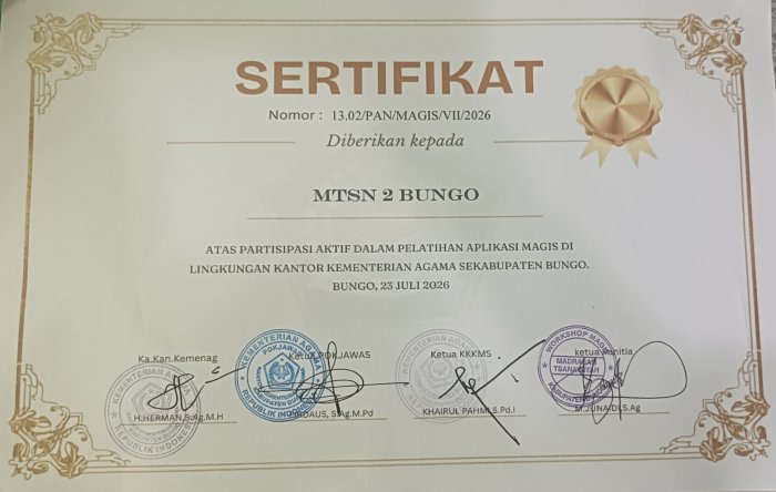 Wujud Komitmen Digitalisasi, MTsN 2 Bungo Raih Sertifikat Partisipasi Pelatihan Aplikasi MAGIS