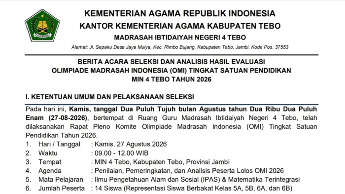 Tetapkan 6 Perwakilan Terbaik, MIN 4 Tebo Rampungkan Pleno Hasil Seleksi OMI 2026