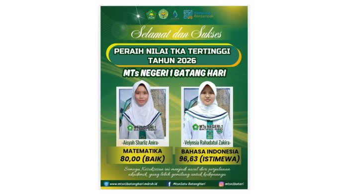 Dua Srikandi MTsN 1 Batang Hari Raih Nilai TKA Tertinggi 2026, Ukir Prestasi Gemilang di Bidang Literasi dan Eksak