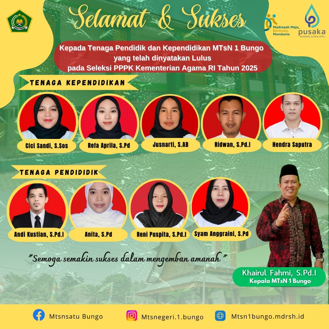 Buah dari Kerja Keras dan Pengabdian, Sebanyak 9 orang GTK MTsN 1 Bungo Lulus PPPK Kemenag RI Buah dari Kerja Keras dan Pengabdian, Sebanyak 9 orang GTK MTsN 1 Bungo Lulus PPPK Kemenag RI