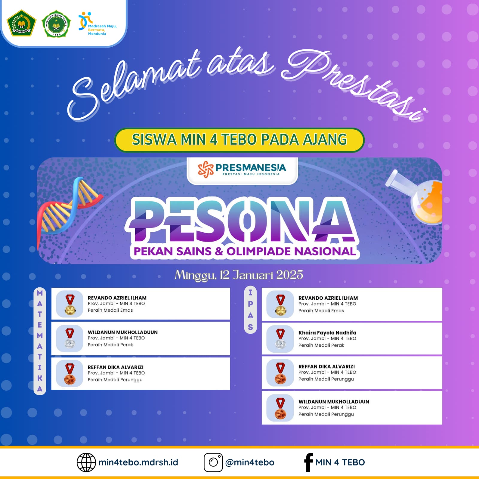 Siswa MIN 4 Tebo Raih 7 Medali di PESONA 2025  