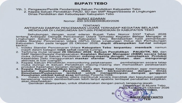 Kondisi Udara Berangsur Membaik, Pemda Tebo Resmi Keluarkan Kebijakan Kembali Belajar Luring