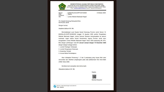 Klasemen Sementara MIN 4 Tebo pada Lomba Website Madrasah 2025 Cukup Menjanikan