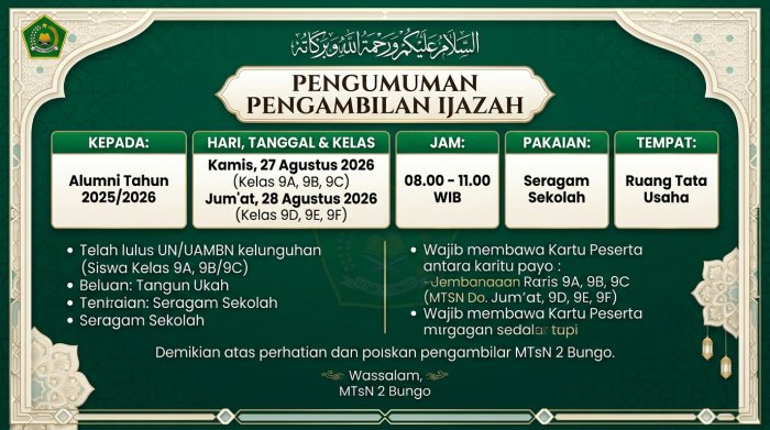 Jadwal Pengambilan Ijazah Alumni MTsN 2 Bungo 2026 Jadwal Pengambilan Ijazah Alumni MTsN 2 Bungo 2026