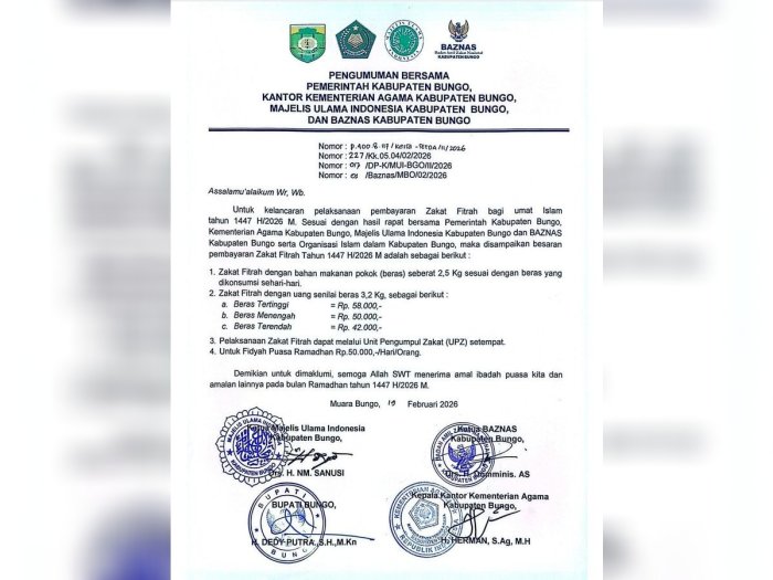Pemkab Bungo serta kemenag Bungo Tetapkan Besaran Zakat Fitrah 1447 H/2026 M, Tertinggi Rp 58 Ribu
