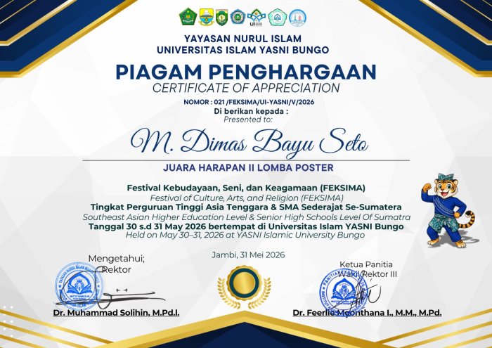Siswa MAN 2 Tebo Raih Juara Harapan pada Festival Budaya, Seni, dan Keagamaan FEKSIMA di Universitas Yasni Bungo