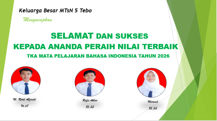 Tiga Siswa MTsN 5 Tebo Raih Nilai Tertinggi TKA Bahasa Indonesia