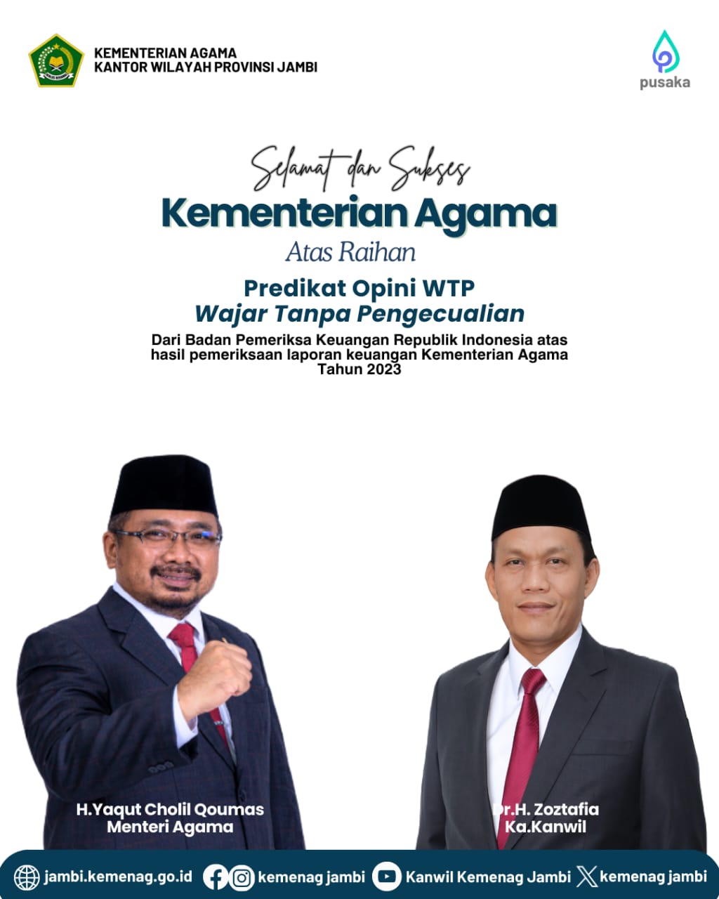 SELAMAT DAN SUKSES KEMENTERIAN AGAMA ATAS RAIHAN OPINI WTP