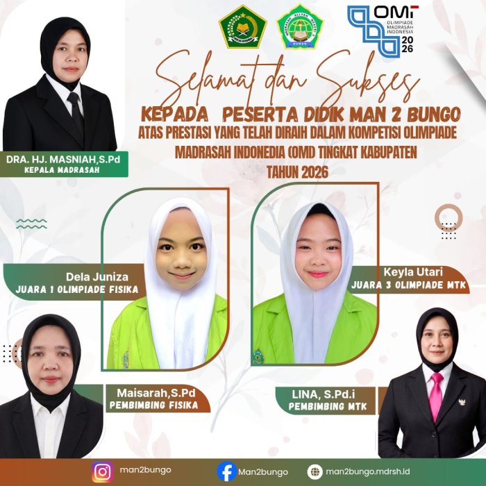 Dua Siswa MAN 2 Bungo Ukir Prestasi di OMI 2026, Della Juara 1 Fisika dan Keyla Juara 3 Matematika Dua Siswa MAN 2 Bungo Ukir Prestasi di OMI 2026, Della Juara 1 Fisika dan Keyla Juara 3 Matematika