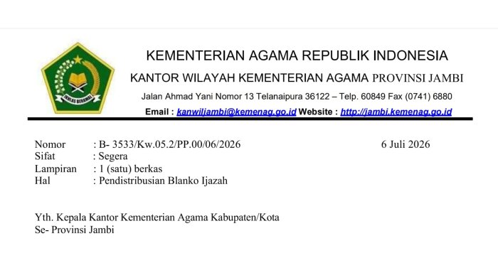 Kanwil Kemenag Jambi Instruksikan Pengambilan Blanko Ijazah Madrasah
