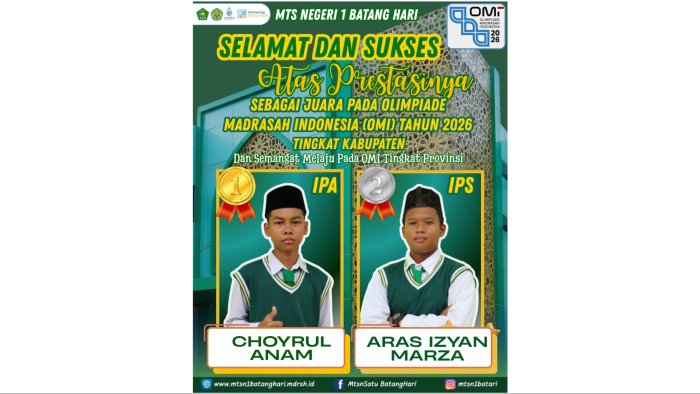 Torehkan Prestasi Gemilang, Siswa MTsN 1 Batang Hari Raih Juara 1 IPA dan Juara 2 IPS OMI 2026 Tingkat Kabupaten